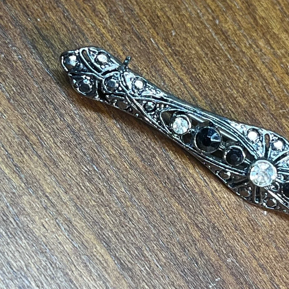 Vtg Art Deco Style Black Clear Rhinestone Gunmetal Bar Brooch Pin 2.5